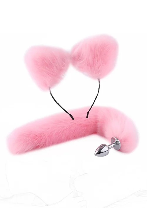 Pink cicafülek és anal plug rókafarok